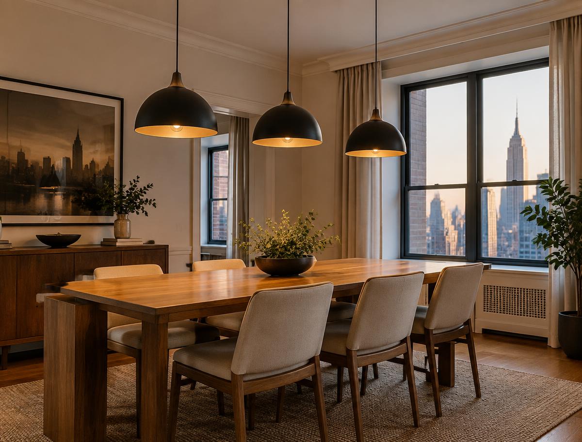 Three aligned pendant lights over a dining table